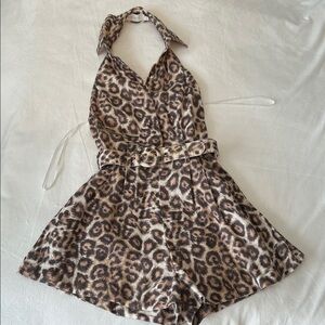 Zimmermann Leopard-Print Halter Linen Romper in Brown & Cream 0 XS